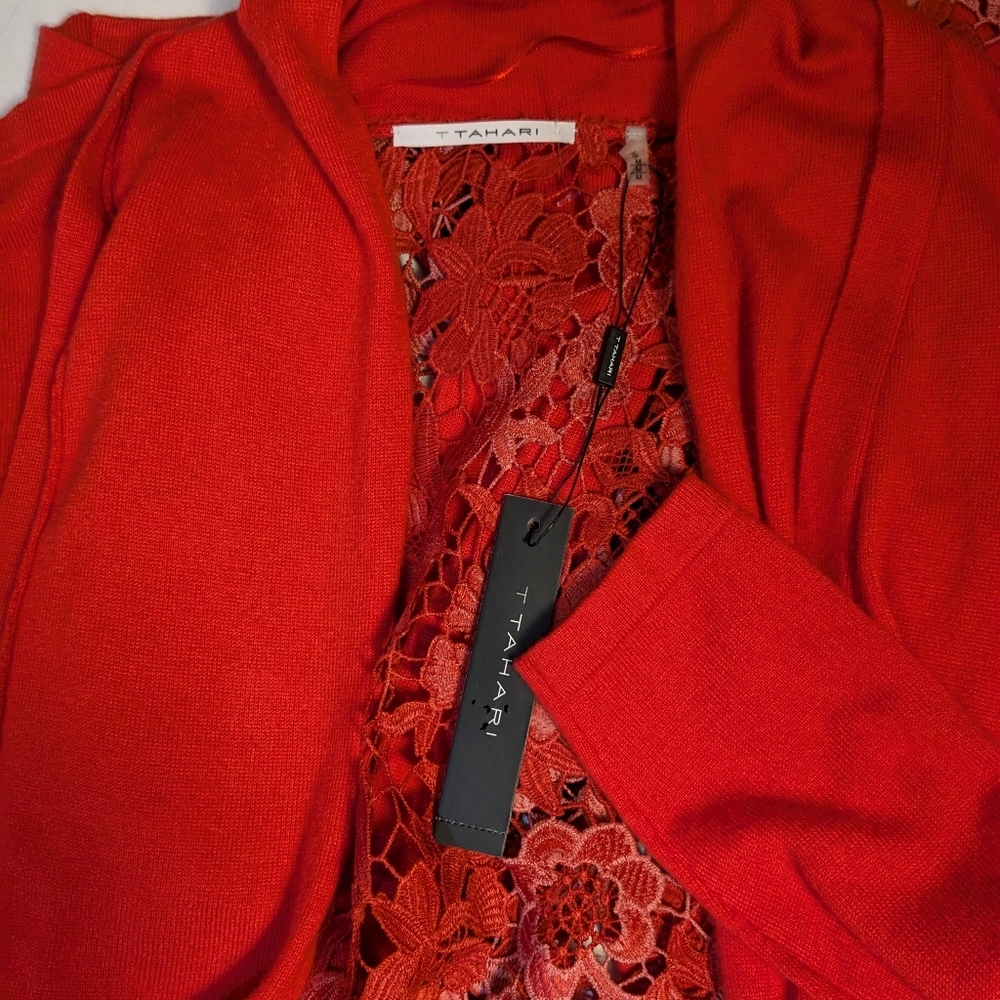 T Tahari Dark Coral Knit Open Cardigan Sweater with Crochet Back SZ M NEW ret$10